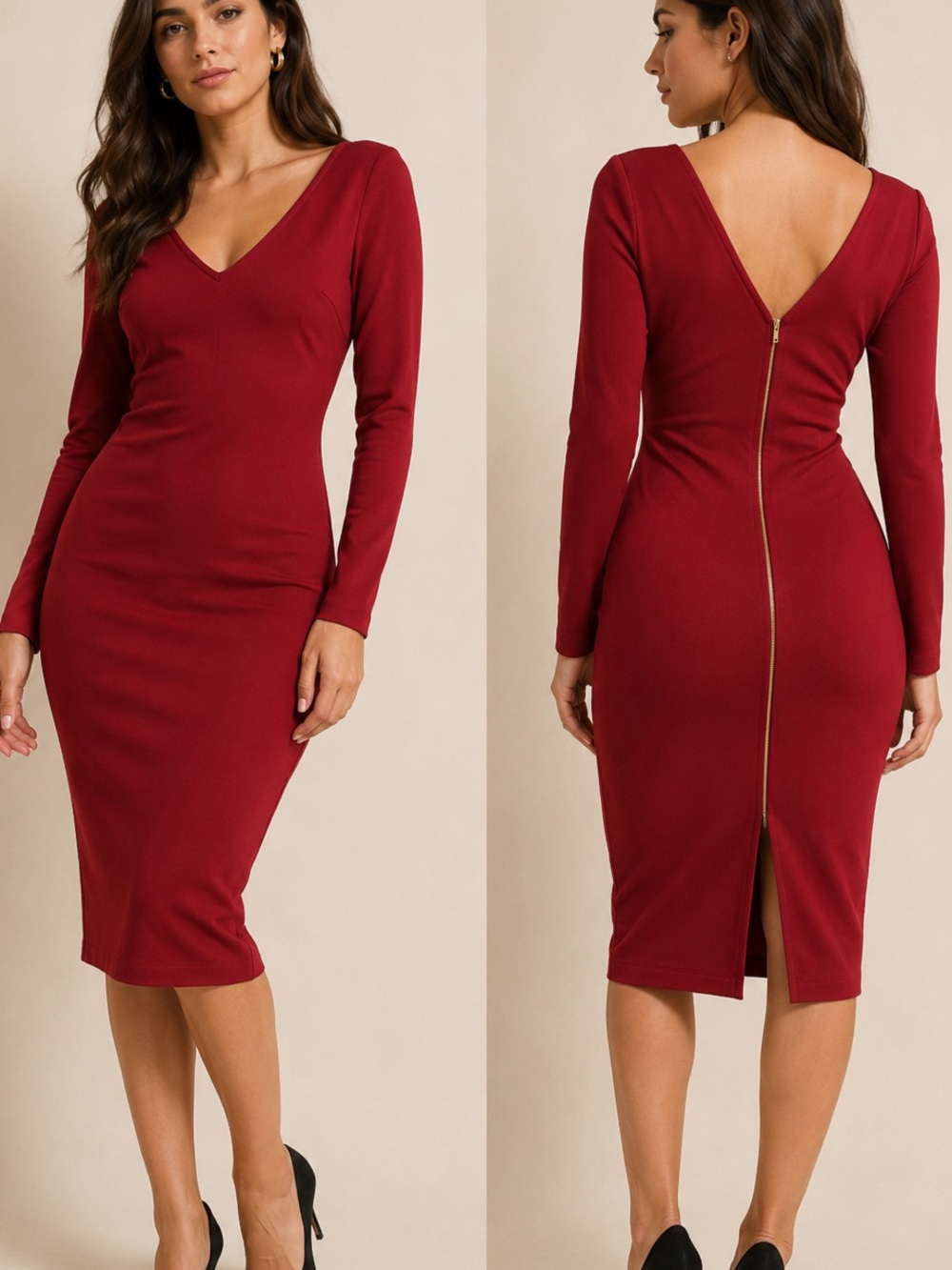 Cefian Burgundy V front and Deep V back Bodycon Dress